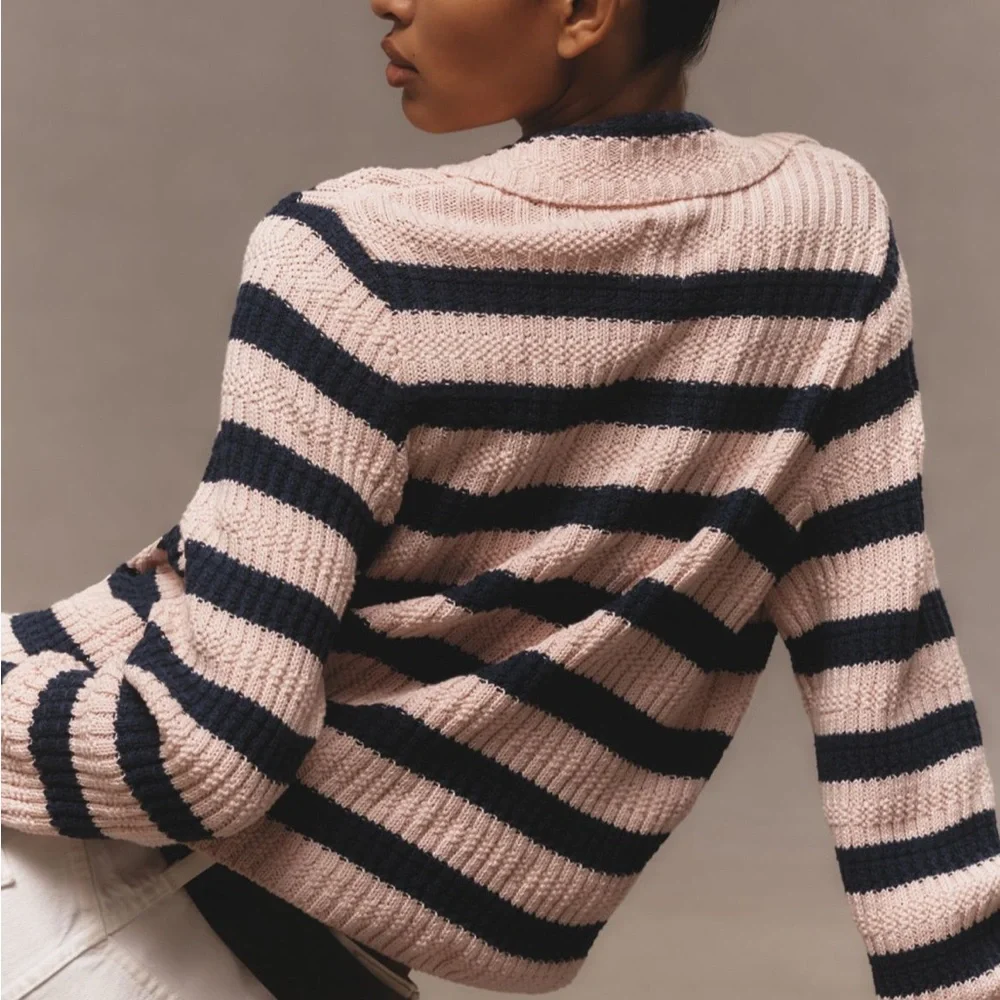 Anthropologie Maeve Greta Pink and Navy Striped Cardigan medium nwot - Picture 3 of 7